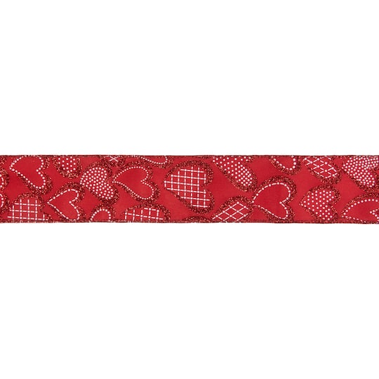 2.5&#x22; x 10yd. Red Glittered Hearts Valentine&#x27;s Day Wired Craft Ribbon